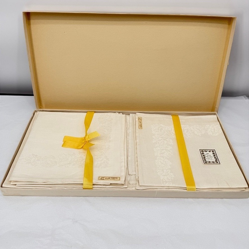All Pure Linen Tablecloth & 8 Napkins Set Rose Damask Irish Linen VTG Rose READ
